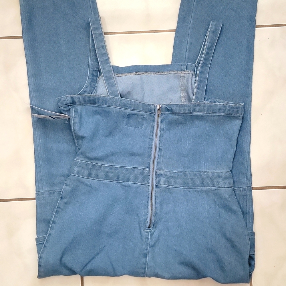 New Junior's Belted Denim Jumpsuit With Ruffler. Light Wash Color 20" pit to pit - Picture 6 of 10